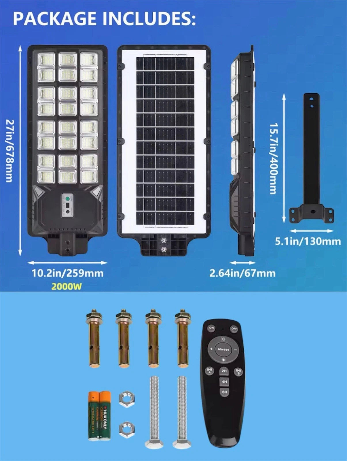 2000W Commercial Solar Street Lights Outdoor Dusk to Dawn Super Bright Aluminium